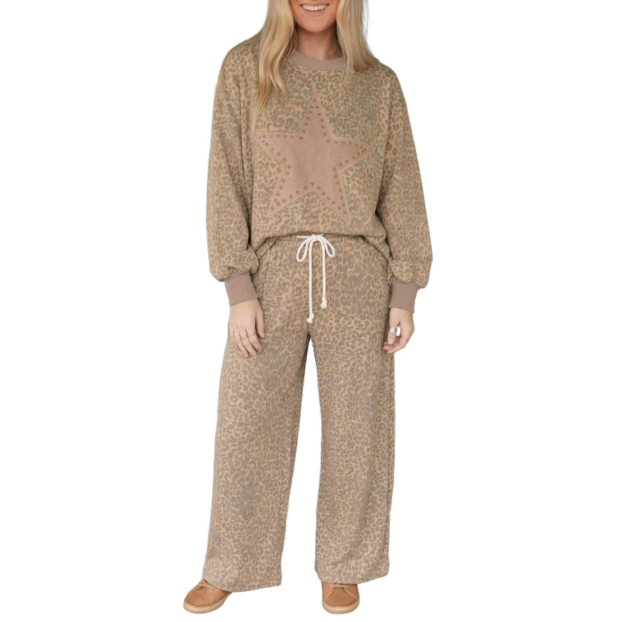Khaki Leopard Star Print Long Sleeve Loose Casual Two Piece Pants Set Two Piece Sets/Pant Sets