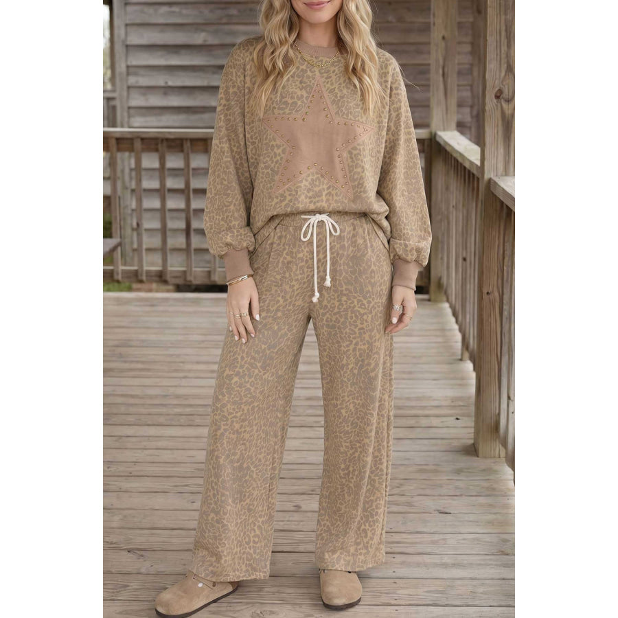 Khaki Leopard Star Print Long Sleeve Loose Casual Two Piece Pants Set Two Piece Sets/Pant Sets
