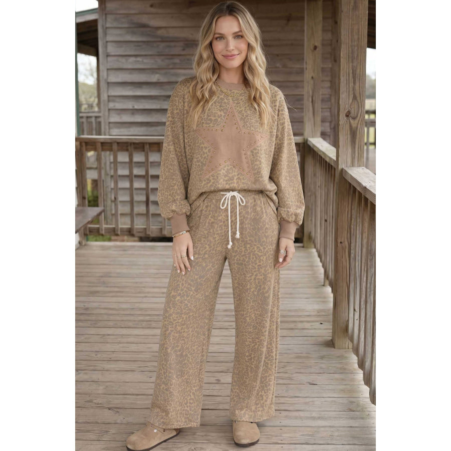 Khaki Leopard Star Print Long Sleeve Loose Casual Two Piece Pants Set Two Piece Sets/Pant Sets