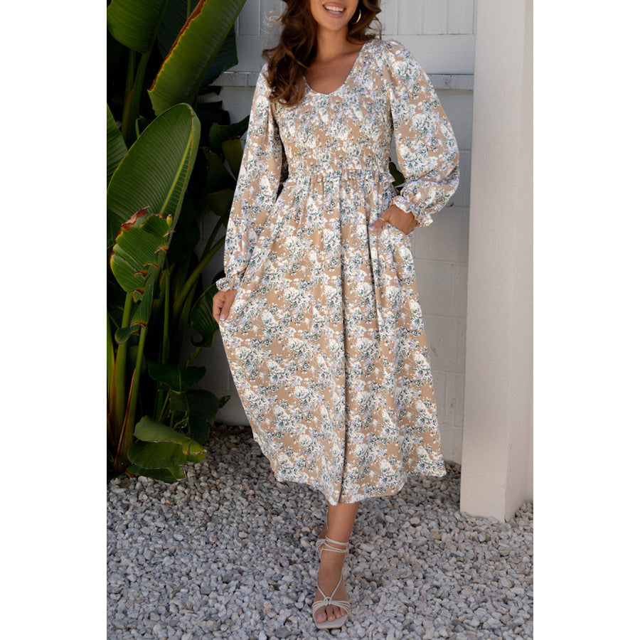 Khaki Maple Grove Floral Smocked Puff Sleeve Long Dress Dresses/Maxi Dresses