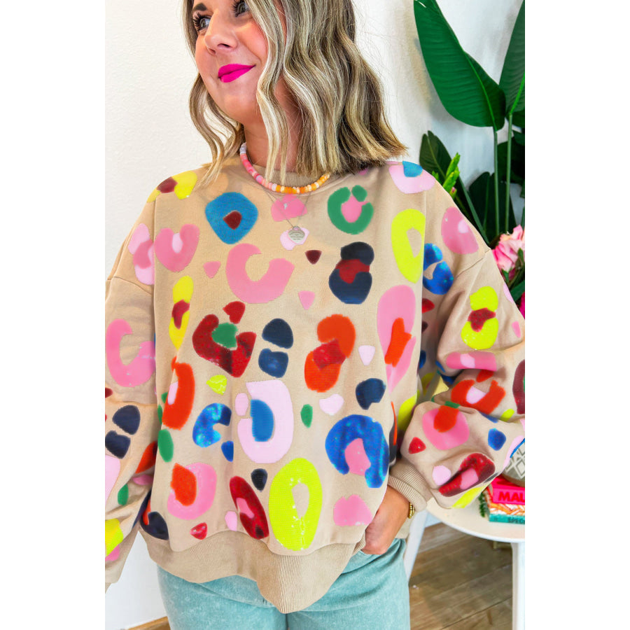 Khaki Multicolor Leopard Printed Drop Shoulder Pullover Sweatshirt Tops/Sweatshirts &amp; Hoodies