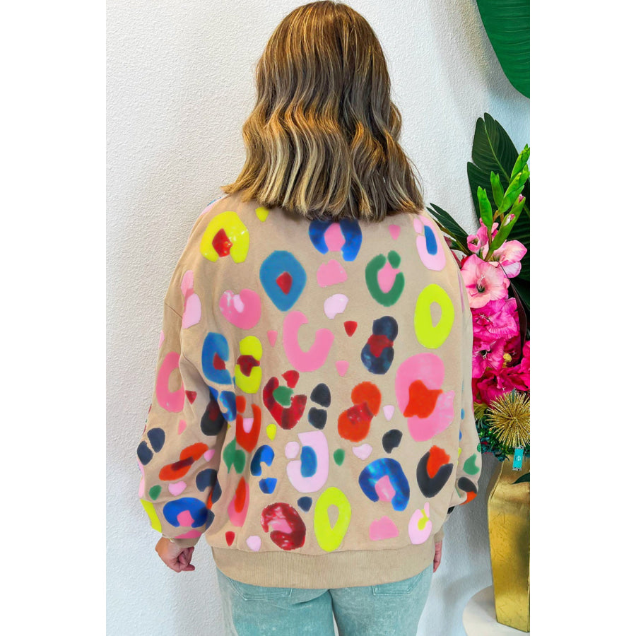 Khaki Multicolor Leopard Printed Drop Shoulder Pullover Sweatshirt Khaki / S / 100% Polyester Tops/Sweatshirts & Hoodies