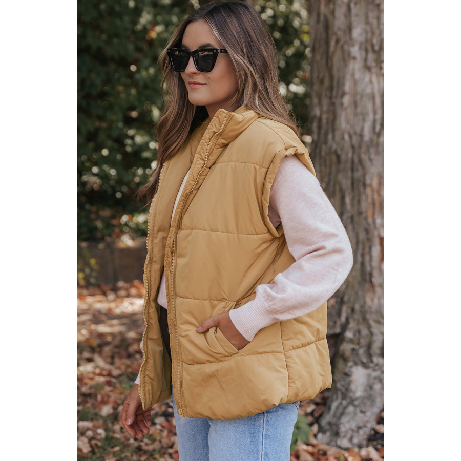Khaki Oversized Stand Collar Zip Winter Vest Outerwear/Vests