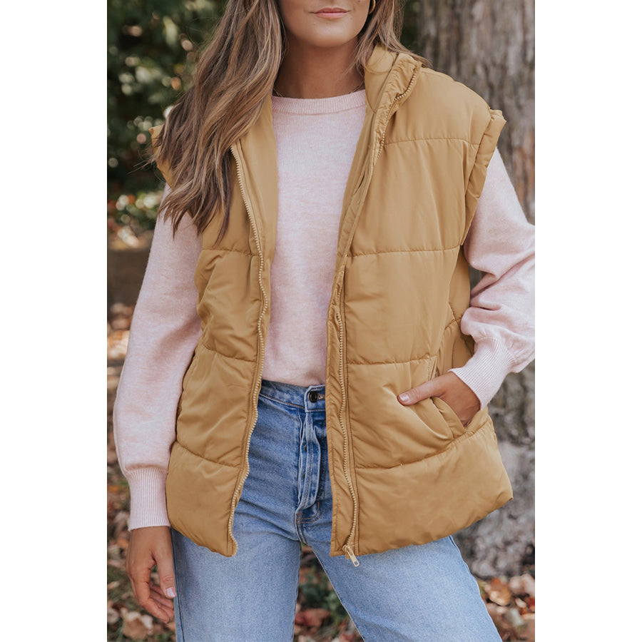 Khaki Oversized Stand Collar Zip Winter Vest Outerwear/Vests
