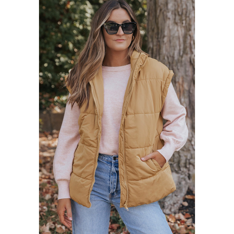 Khaki Oversized Stand Collar Zip Winter Vest Outerwear/Vests