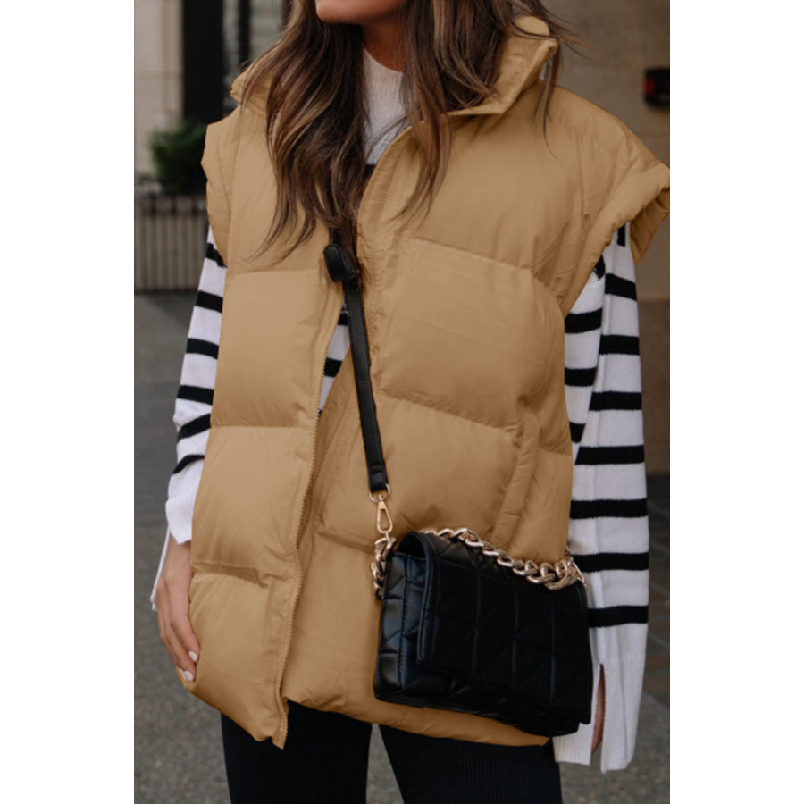 Khaki Oversized Stand Collar Zip Winter Vest Outerwear/Vests