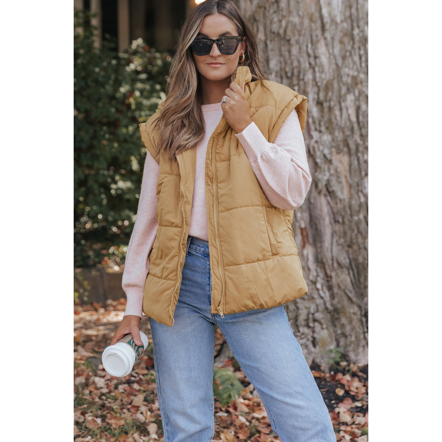 Khaki Oversized Stand Collar Zip Winter Vest Outerwear/Vests