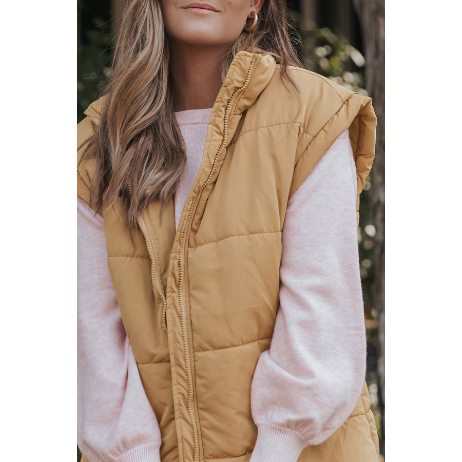 Khaki Oversized Stand Collar Zip Winter Vest Outerwear/Vests