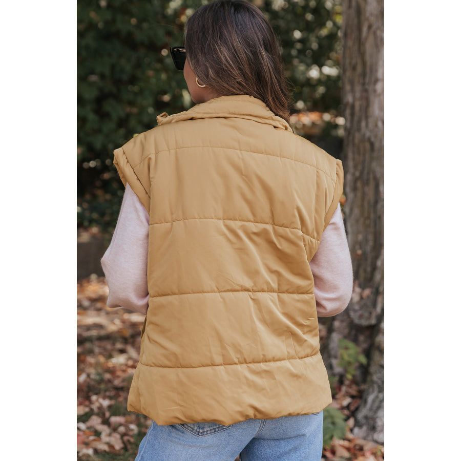 Khaki Oversized Stand Collar Zip Winter Vest Outerwear/Vests