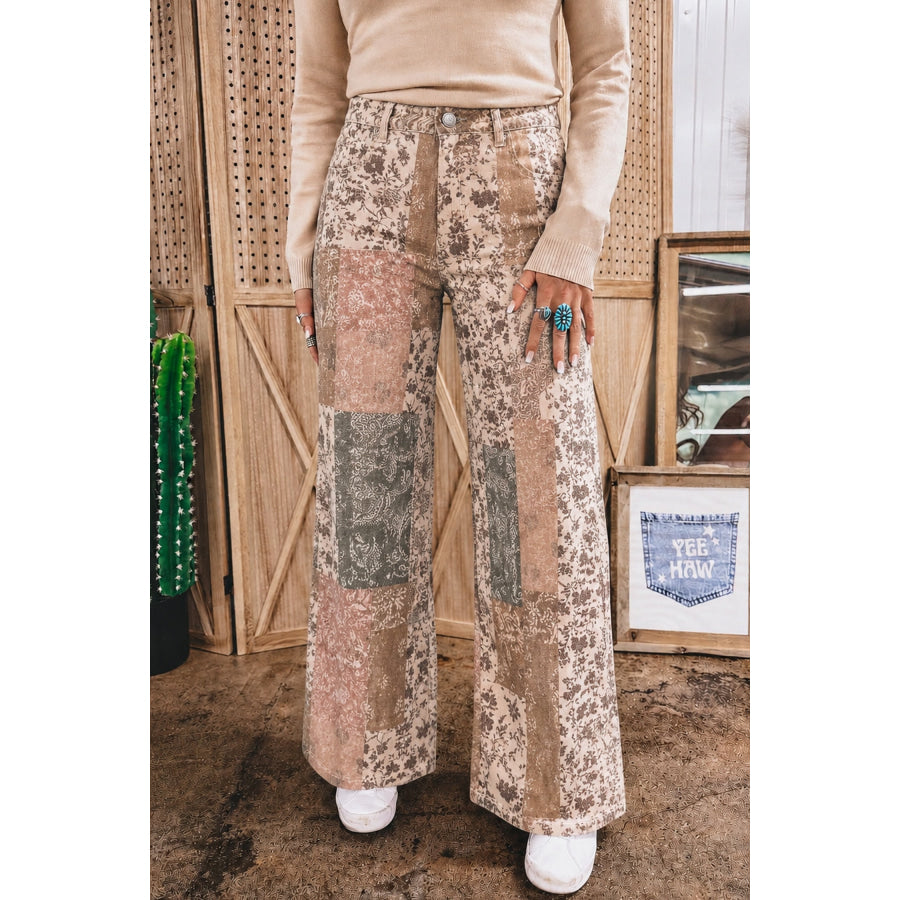 Khaki Patchwork Print Casual Shift Jeans Khaki / 4 Bottoms/Jeans