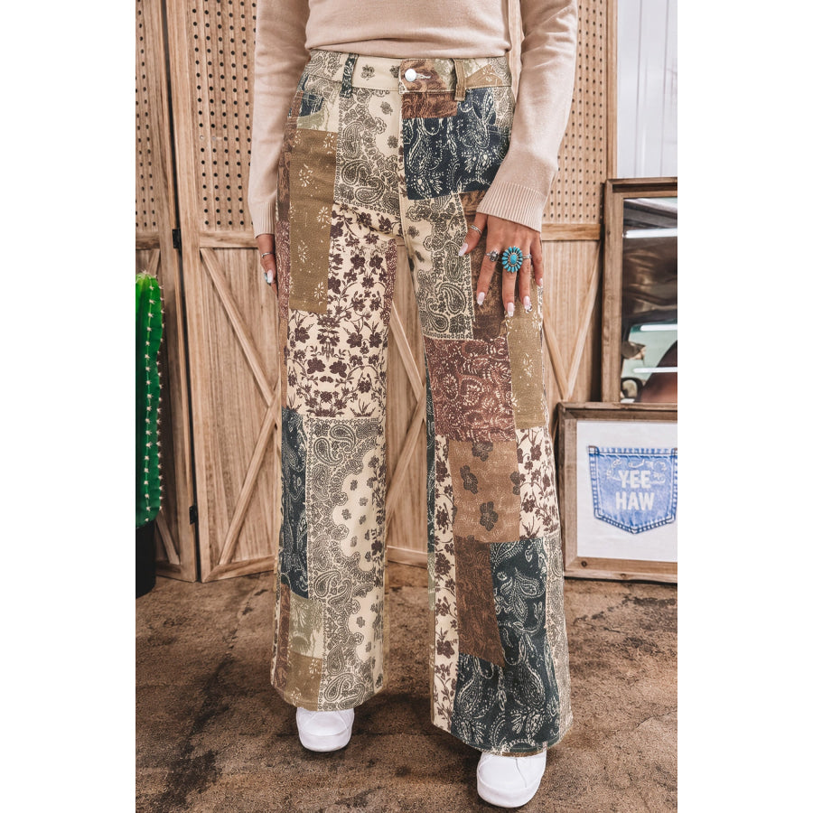 Khaki Patchwork Print Casual Shift Jeans / 4 Bottoms/Jeans
