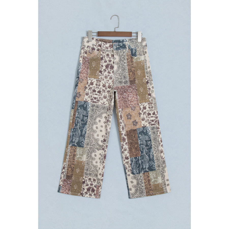 Khaki Patchwork Print Casual Shift Jeans Bottoms/Jeans