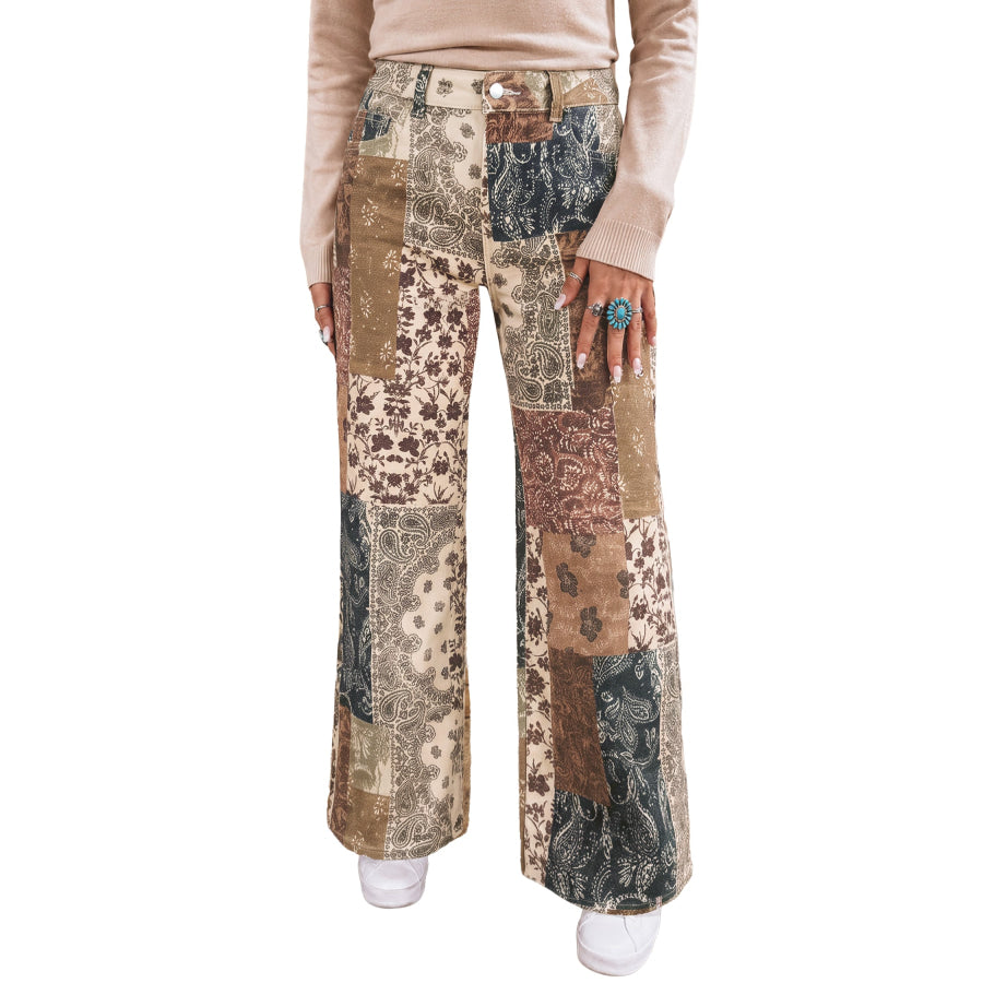 Khaki Patchwork Print Casual Shift Jeans Bottoms/Jeans