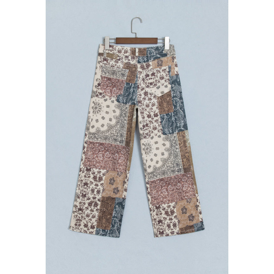 Khaki Patchwork Print Casual Shift Jeans Bottoms/Jeans