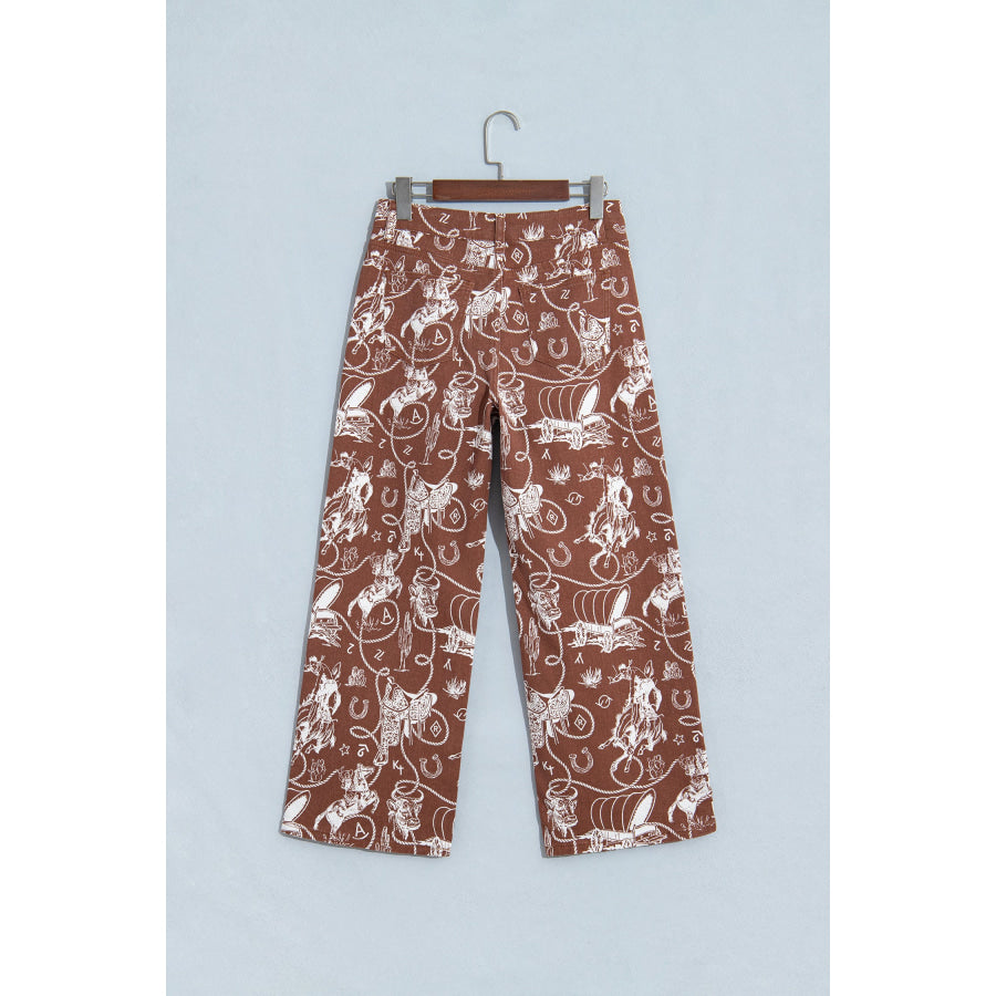 Khaki Patchwork Print Casual Shift Jeans Bottoms/Jeans