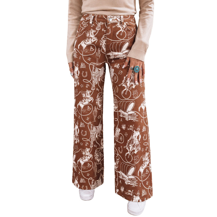Khaki Patchwork Print Casual Shift Jeans Bottoms/Jeans