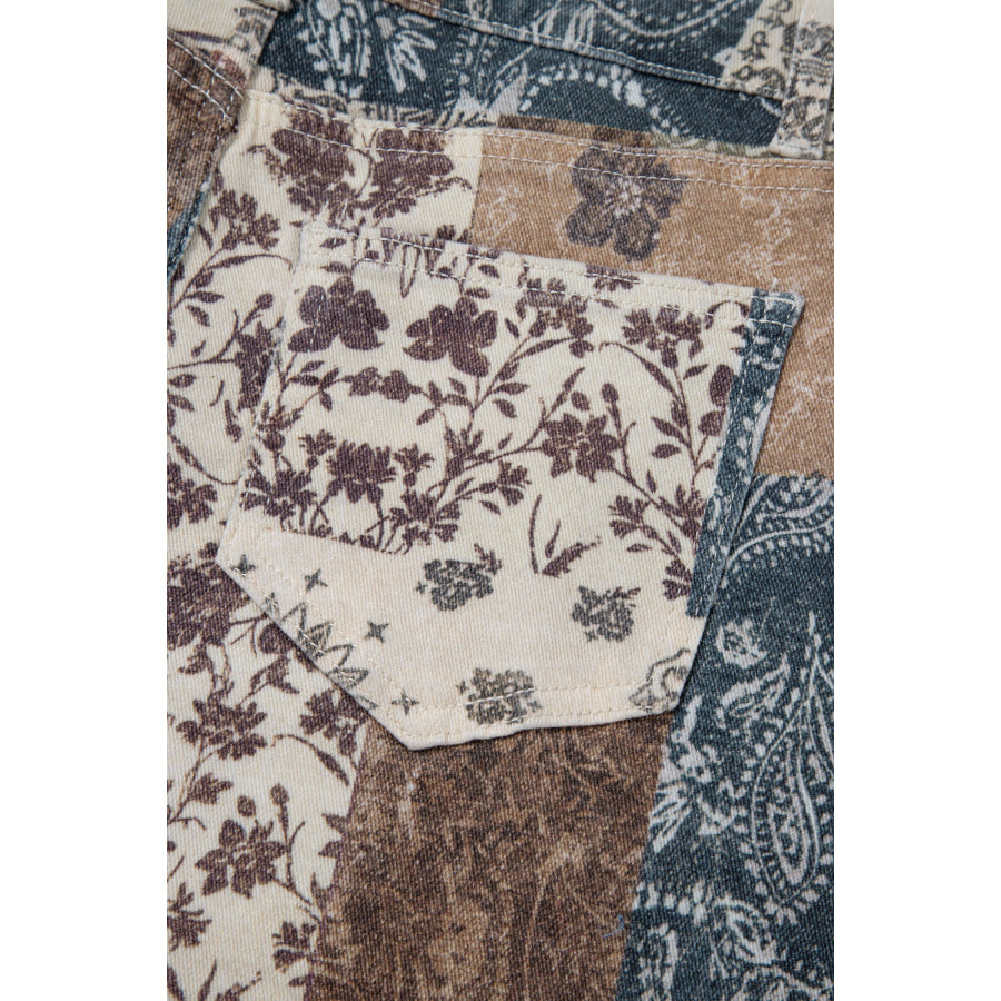Khaki Patchwork Print Casual Shift Jeans Bottoms/Jeans