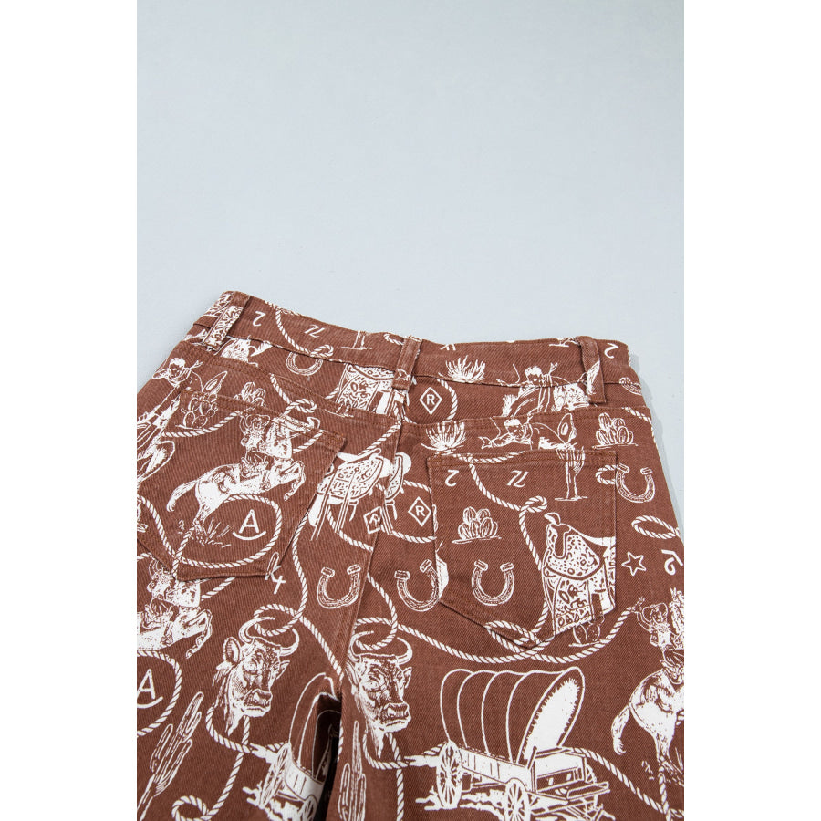 Khaki Patchwork Print Casual Shift Jeans Bottoms/Jeans