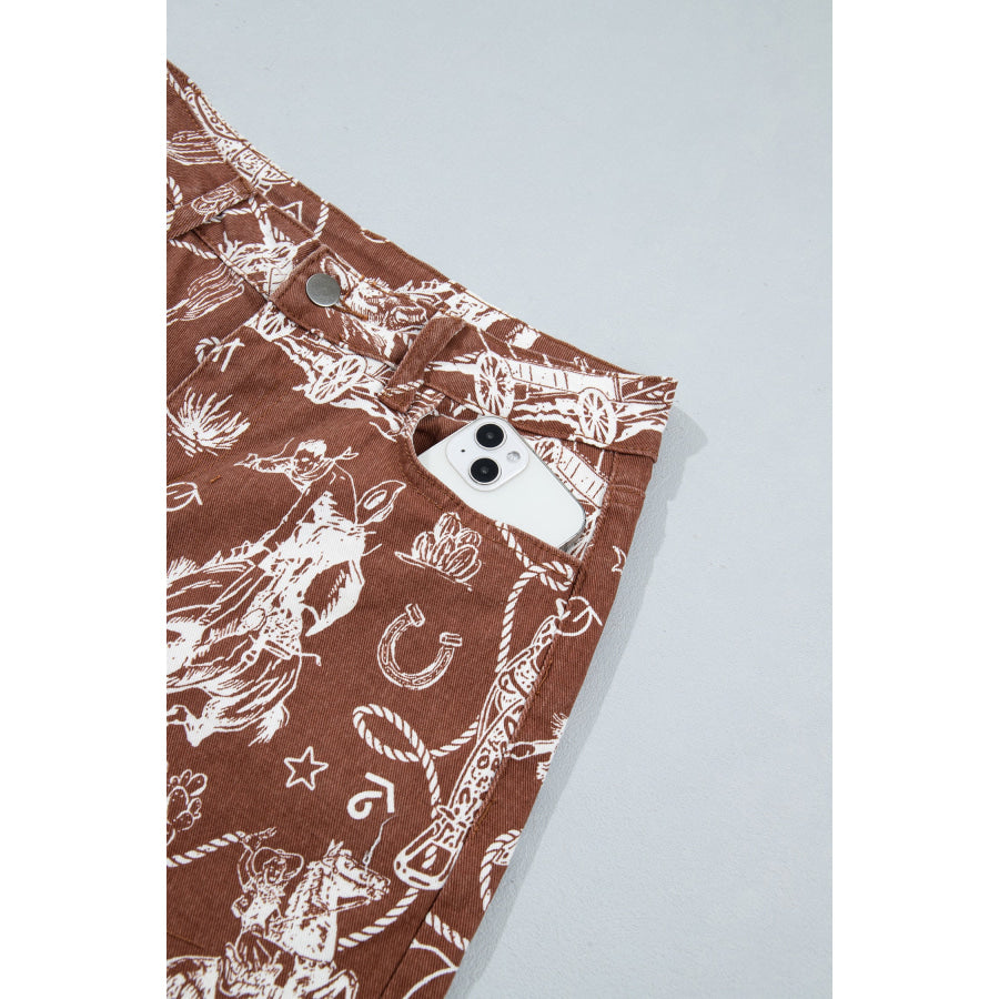 Khaki Patchwork Print Casual Shift Jeans Bottoms/Jeans