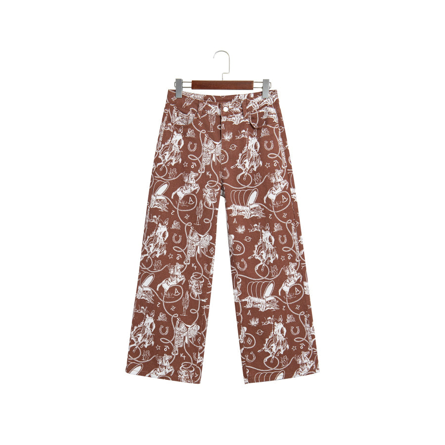 Khaki Patchwork Print Casual Shift Jeans Bottoms/Jeans
