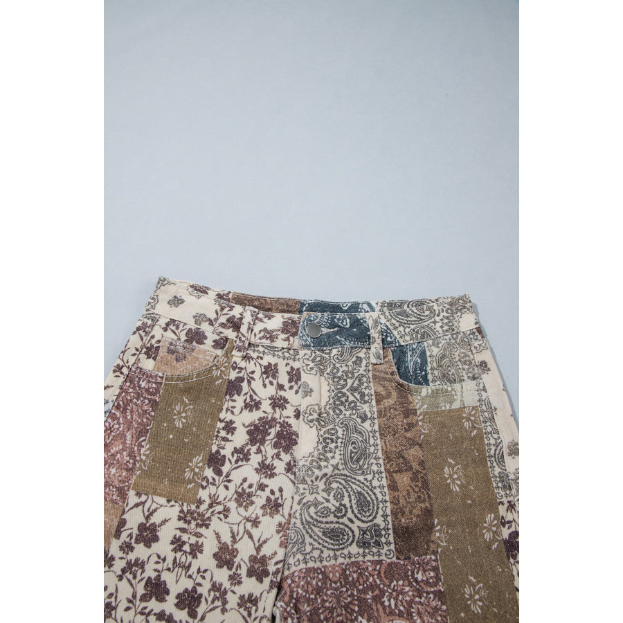 Khaki Patchwork Print Casual Shift Jeans Bottoms/Jeans