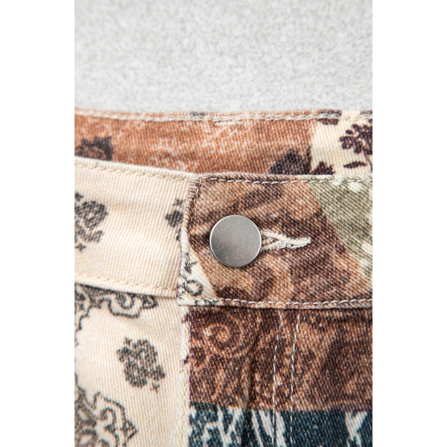 Khaki Patchwork Print Casual Shift Jeans Bottoms/Jeans