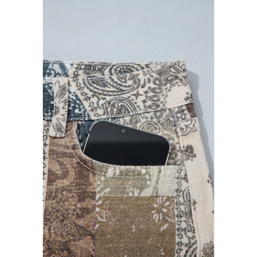Khaki Patchwork Print Casual Shift Jeans Bottoms/Jeans