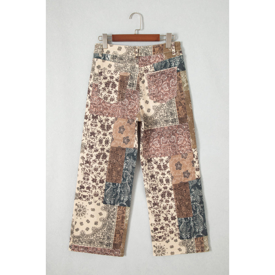 Khaki Patchwork Print Casual Shift Jeans Bottoms/Jeans