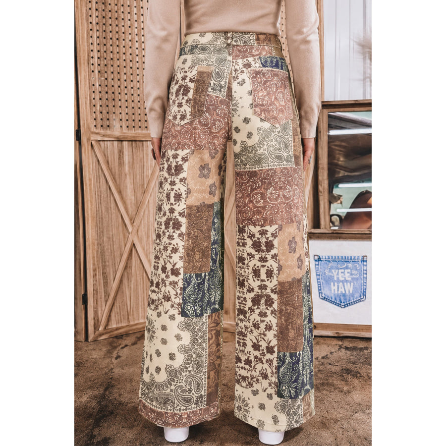 Khaki Patchwork Print Casual Shift Jeans Bottoms/Jeans