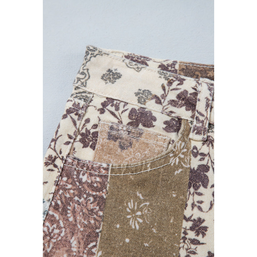 Khaki Patchwork Print Casual Shift Jeans Bottoms/Jeans