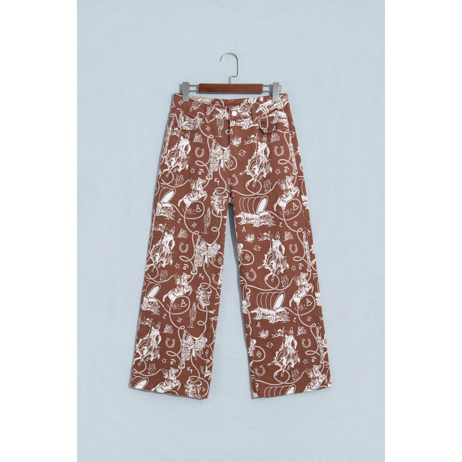 Khaki Patchwork Print Casual Shift Jeans Bottoms/Jeans