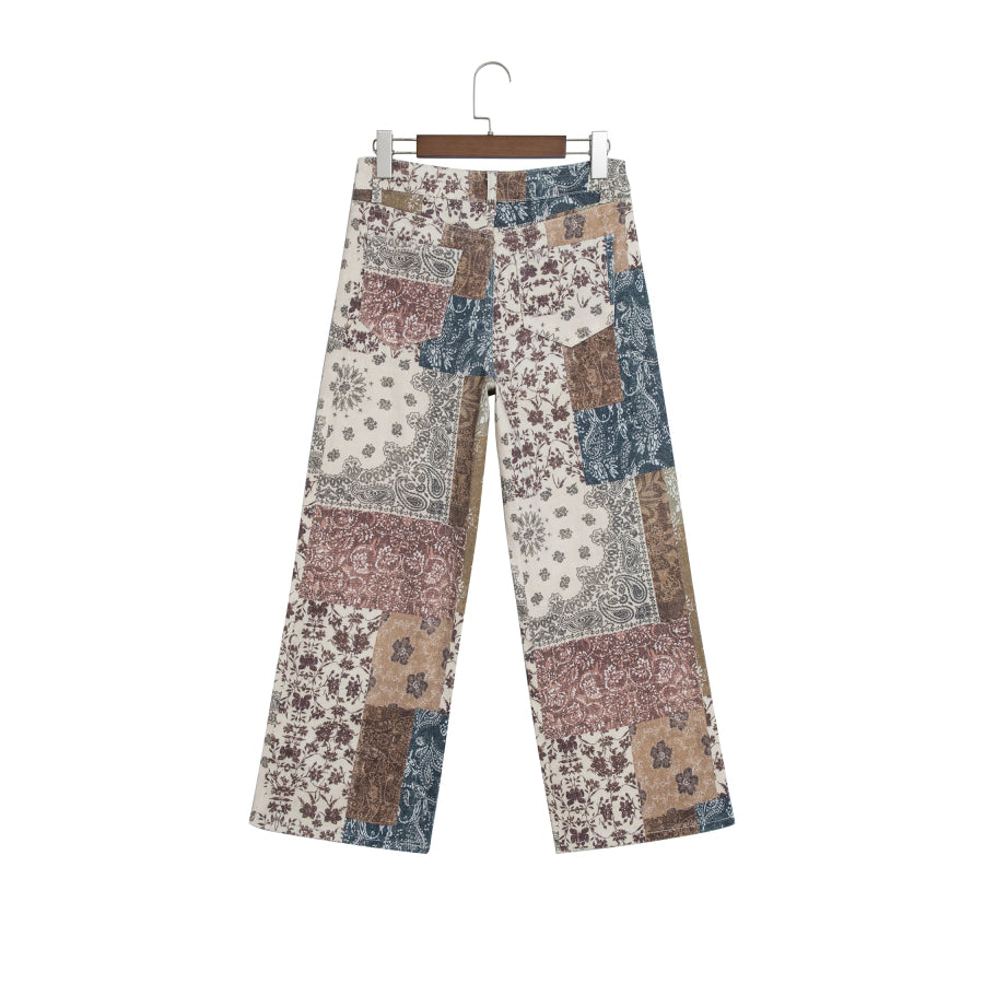 Khaki Patchwork Print Casual Shift Jeans Bottoms/Jeans
