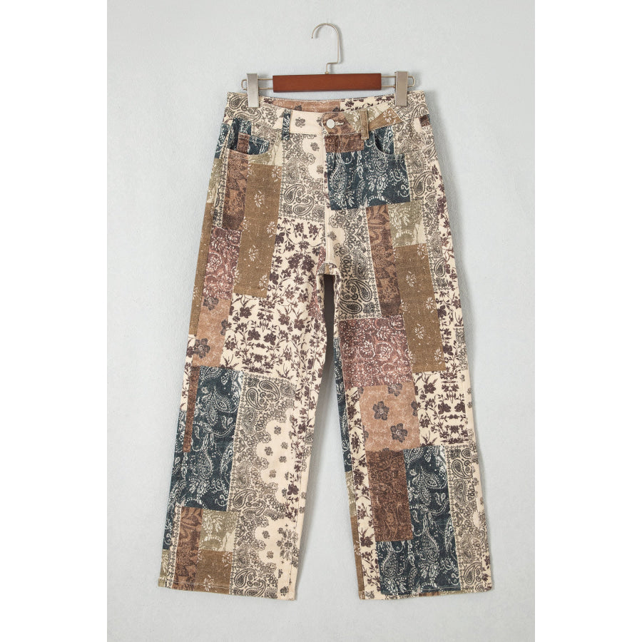 Khaki Patchwork Print Casual Shift Jeans Bottoms/Jeans