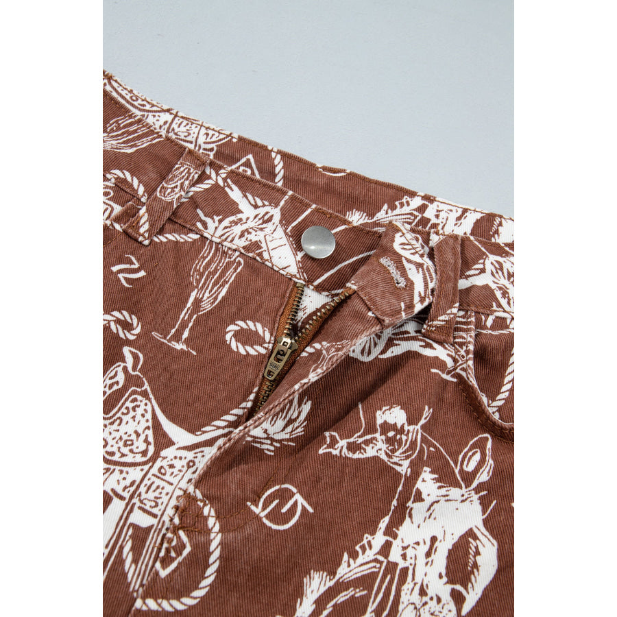 Khaki Patchwork Print Casual Shift Jeans Bottoms/Jeans