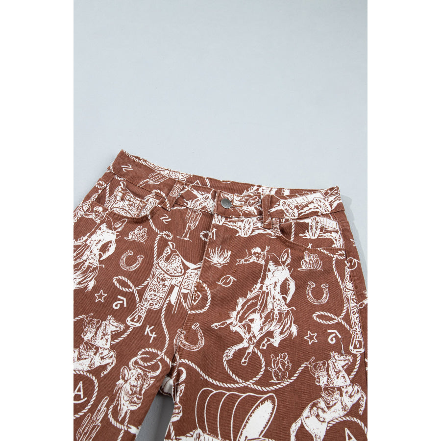 Khaki Patchwork Print Casual Shift Jeans Bottoms/Jeans