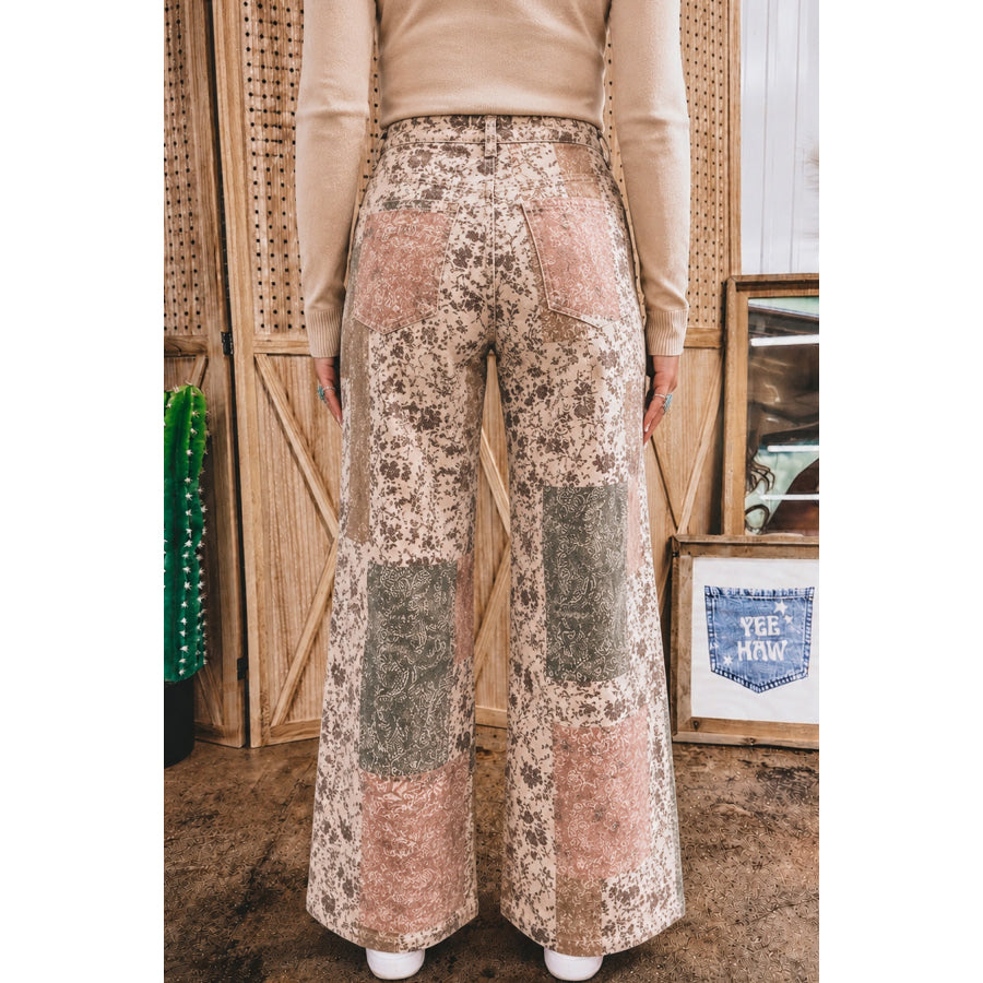 Khaki Patchwork Print Casual Shift Jeans Bottoms/Jeans