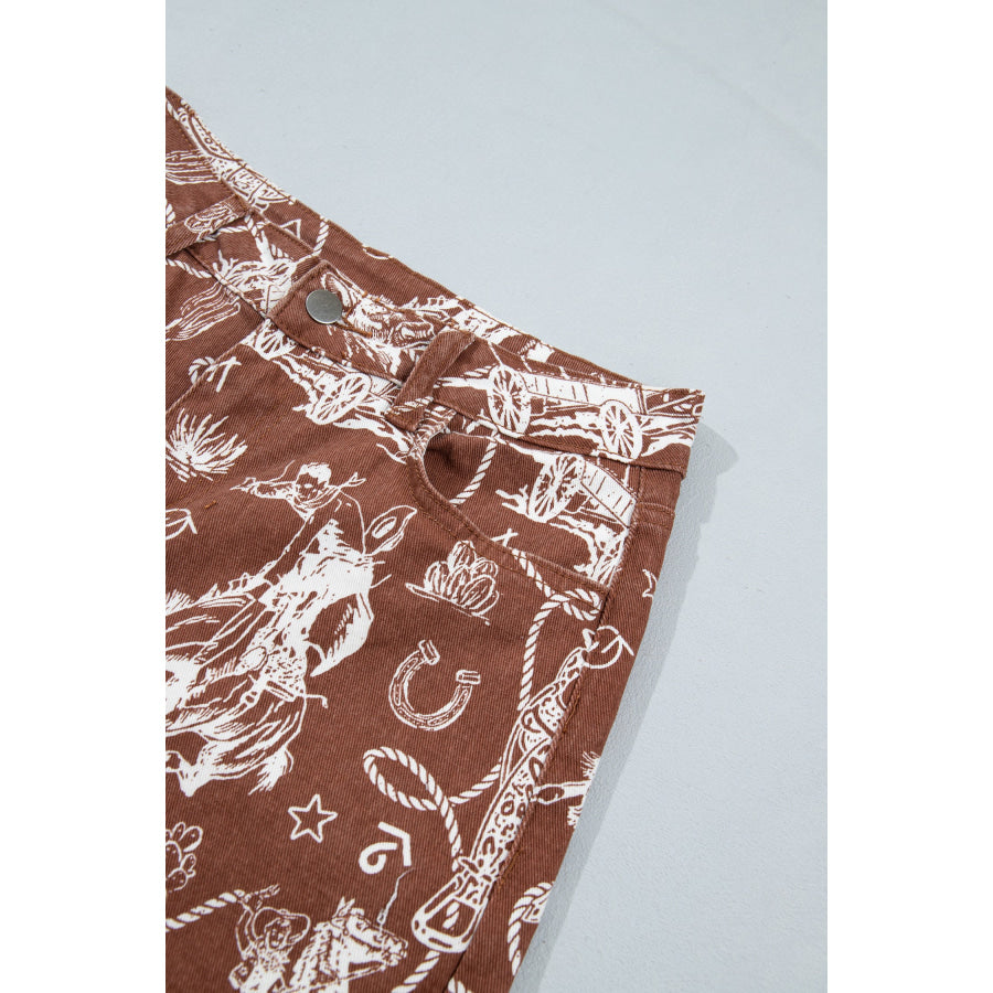 Khaki Patchwork Print Casual Shift Jeans Bottoms/Jeans