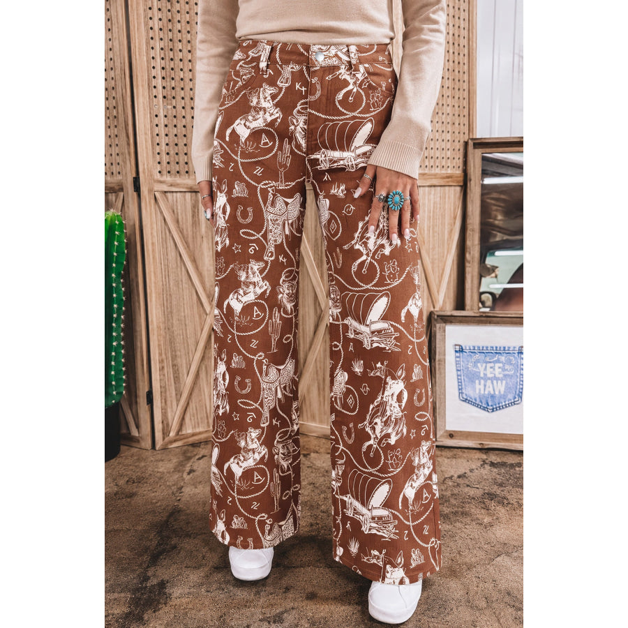 Khaki Patchwork Print Casual Shift Jeans Brown / 4 Bottoms/Jeans