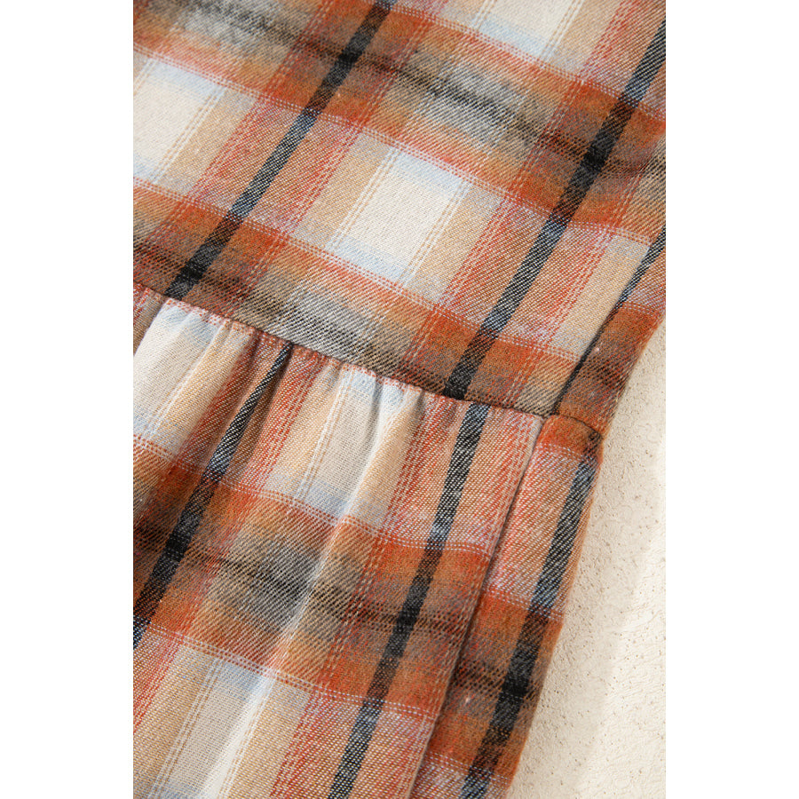 Khaki Plaid Color Block Patchwork Ruffle Hem Tunic Shirt Dress Dresses/Mini Dresses