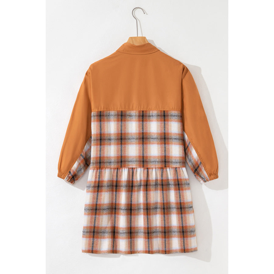 Khaki Plaid Color Block Patchwork Ruffle Hem Tunic Shirt Dress Dresses/Mini Dresses