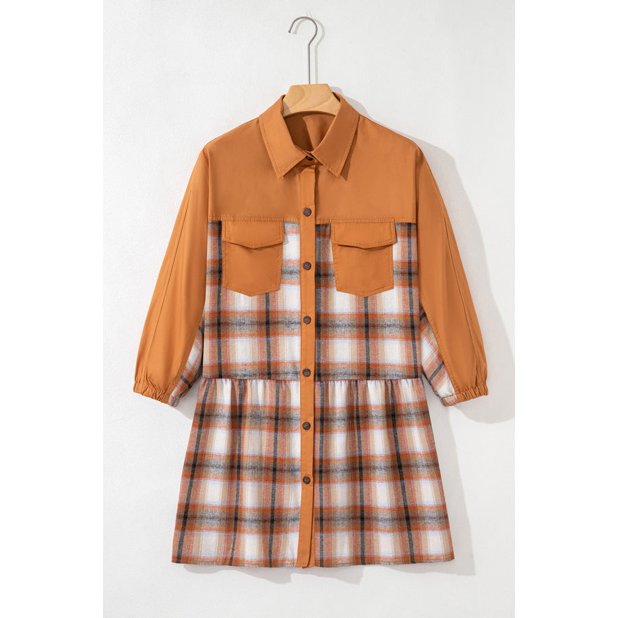 Khaki Plaid Color Block Patchwork Ruffle Hem Tunic Shirt Dress Dresses/Mini Dresses