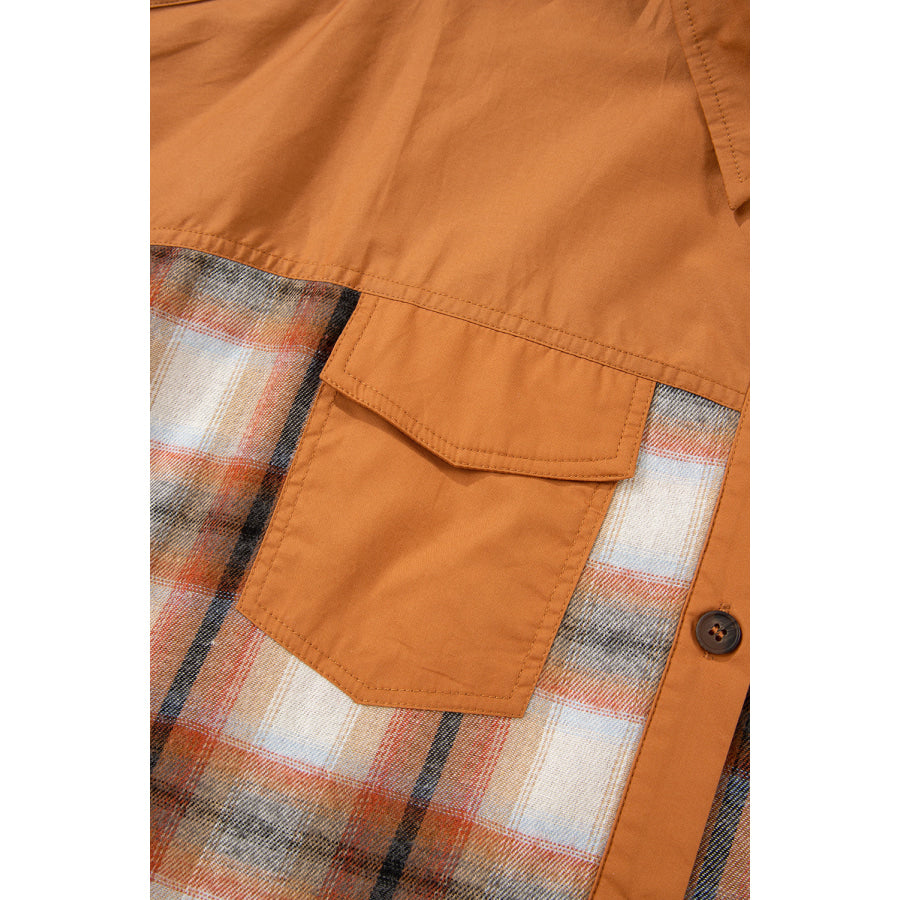 Khaki Plaid Color Block Patchwork Ruffle Hem Tunic Shirt Dress Dresses/Mini Dresses