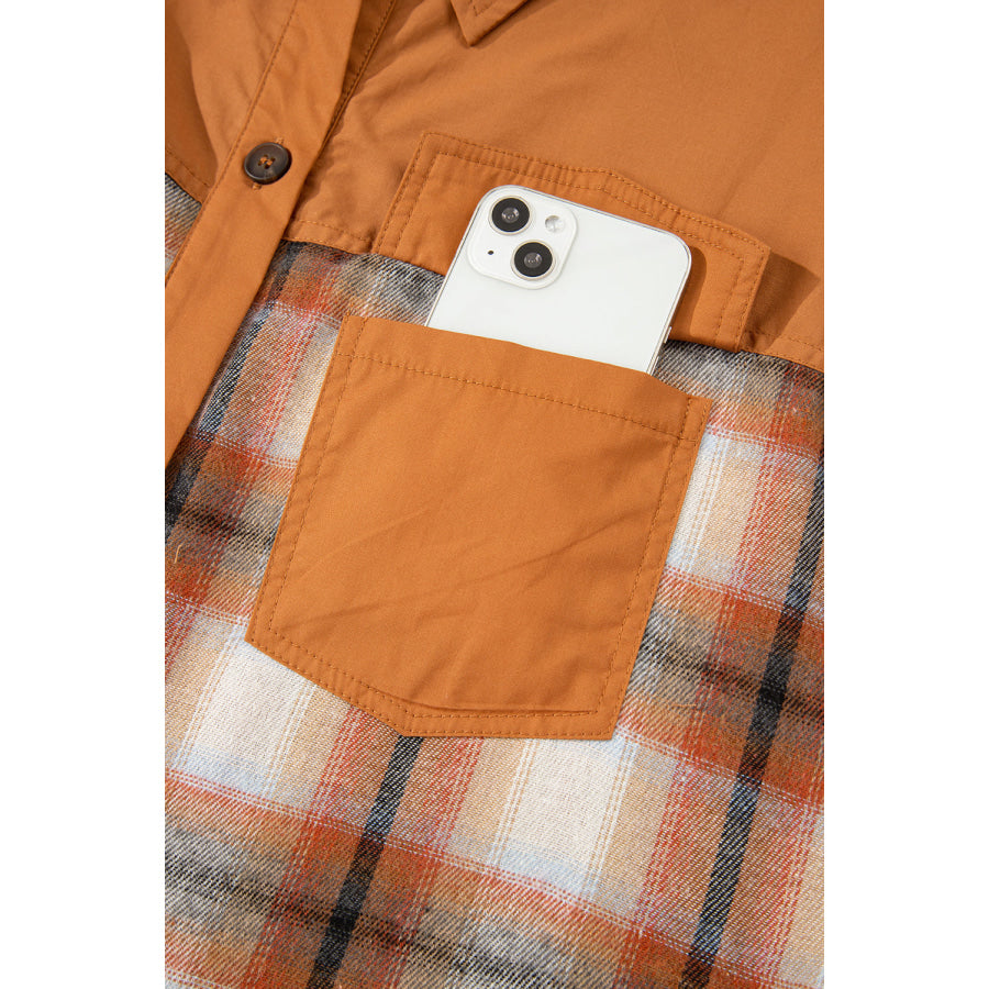 Khaki Plaid Color Block Patchwork Ruffle Hem Tunic Shirt Dress Dresses/Mini Dresses