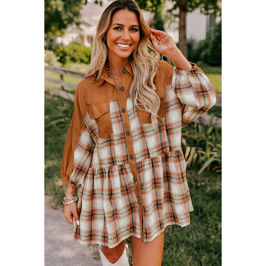 Khaki Plaid Color Block Patchwork Ruffle Hem Tunic Shirt Dress Dresses/Mini Dresses