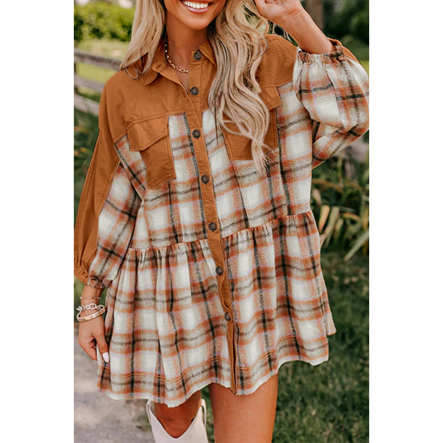 Khaki Plaid Color Block Patchwork Ruffle Hem Tunic Shirt Dress Khaki / S / 59% Polyester + 41% Cotton Dresses/Mini Dresses