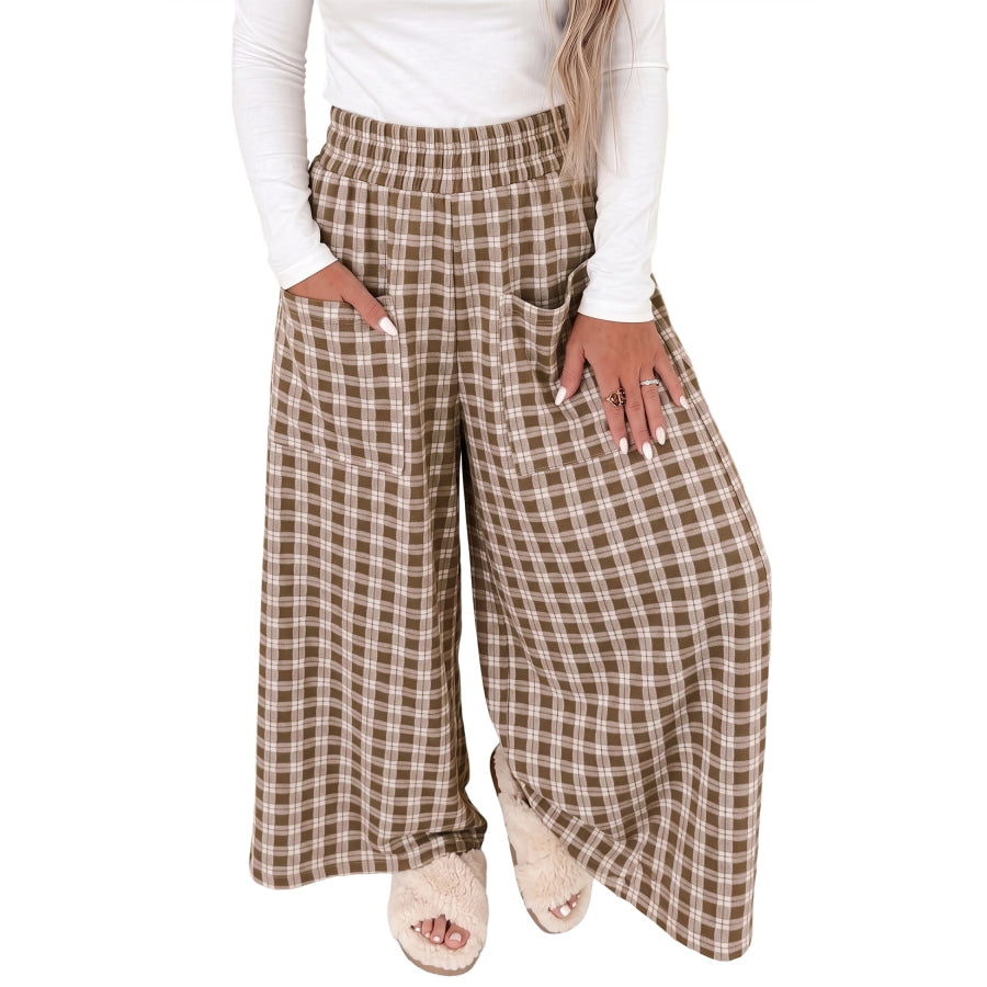 Khaki Plaid Elastic Waist Patch Pocket Wide Leg Pants Bottoms/Pants & Culotte