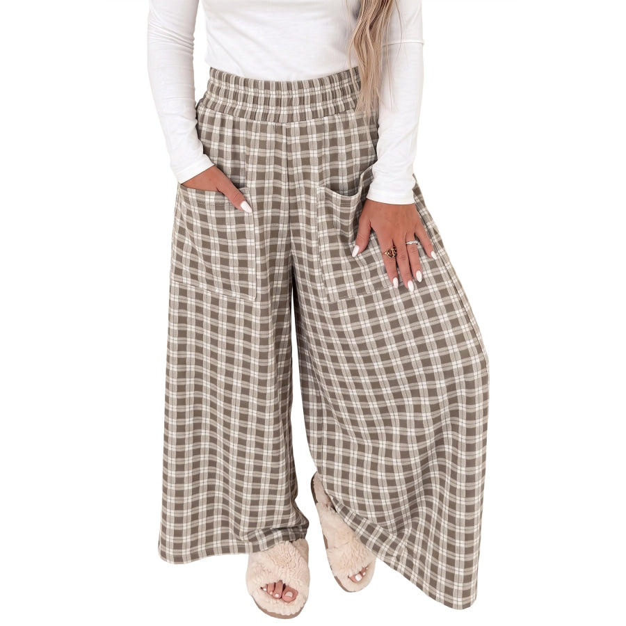 Khaki Plaid Elastic Waist Patch Pocket Wide Leg Pants / S / 95% Polyester + 5% Elastane Bottoms/Pants & Culotte