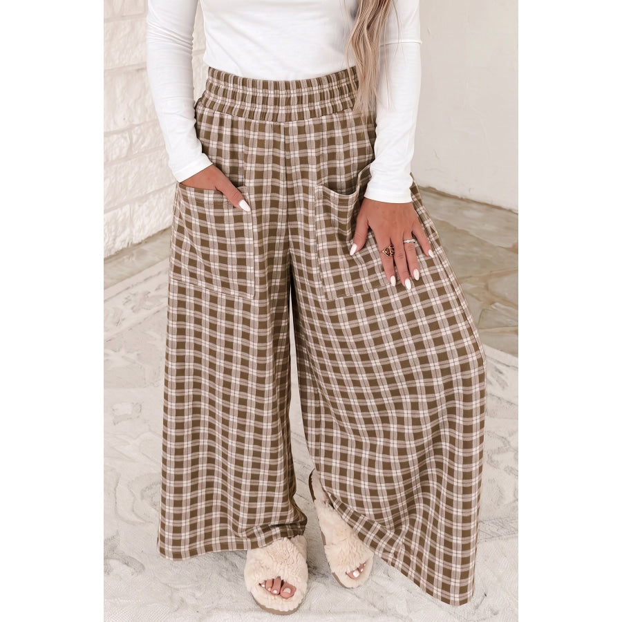Khaki Plaid Elastic Waist Patch Pocket Wide Leg Pants Brown / S / 95% Polyester + 5% Elastane Bottoms/Pants & Culotte