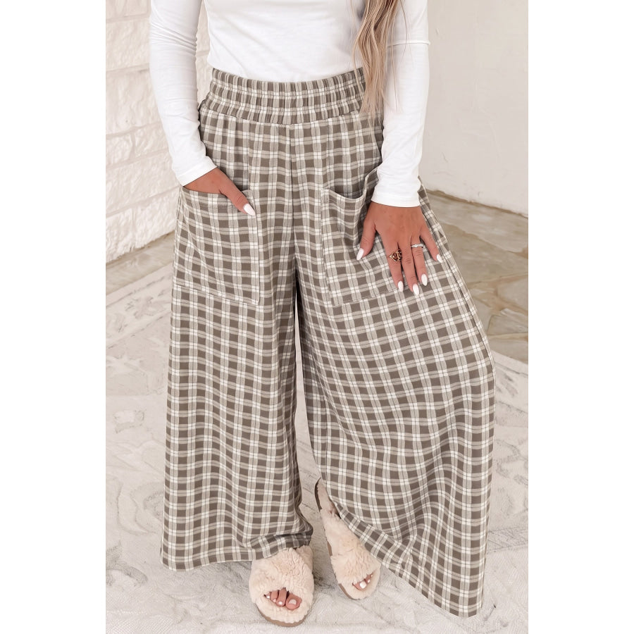 Khaki Plaid Elastic Waist Patch Pocket Wide Leg Pants / S / 95% Polyester + 5% Elastane Bottoms/Pants & Culotte