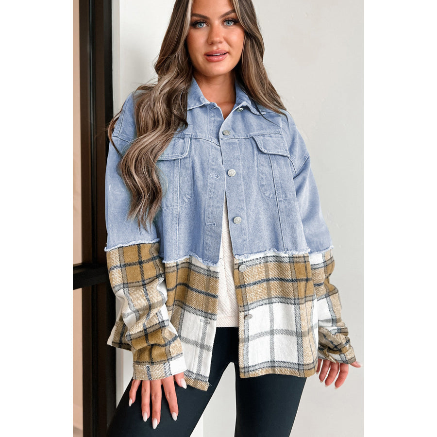 Khaki Plaid Patchwork Buttoned Oversized Denim Jacket Outerwear/Denim jackets